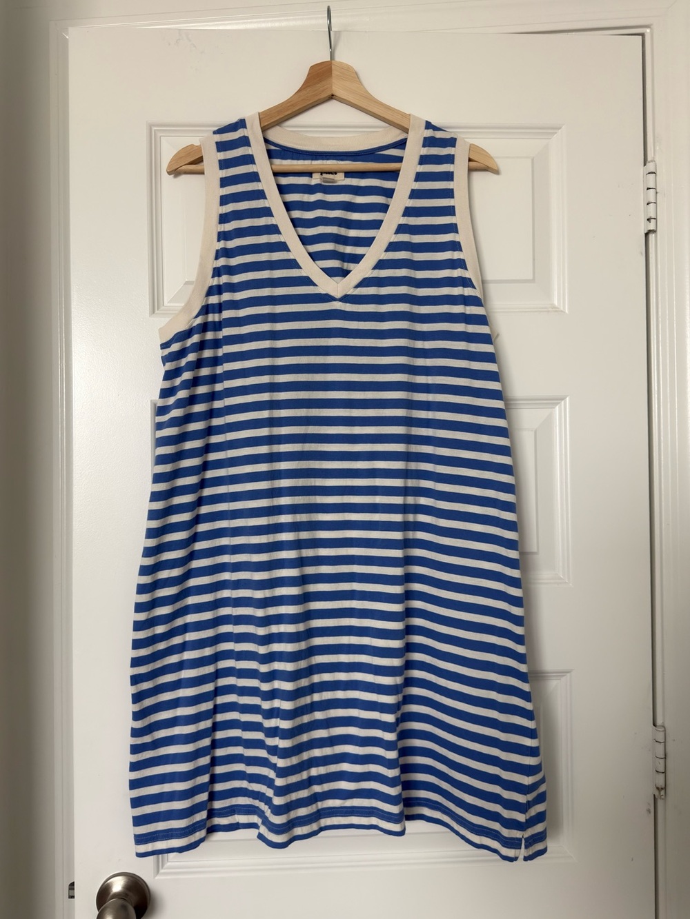 Pact Organic Cotton SoftSpun A Line Tank Dress XL Blue White Stripe Mini V Neck